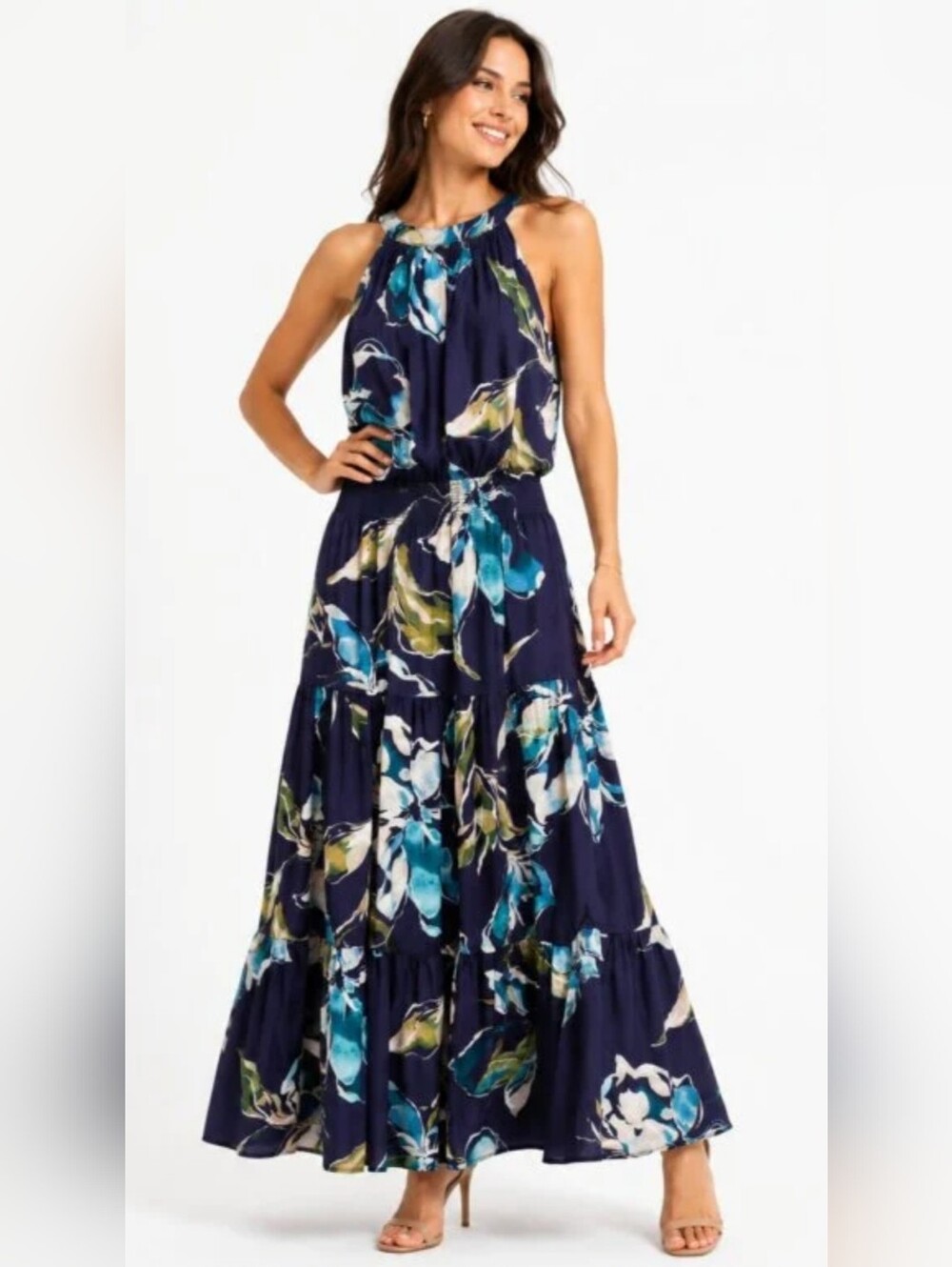 NWOT! Summer Resort Party Formal Women's High-Neck Tiered Satin Maxi Dress Small